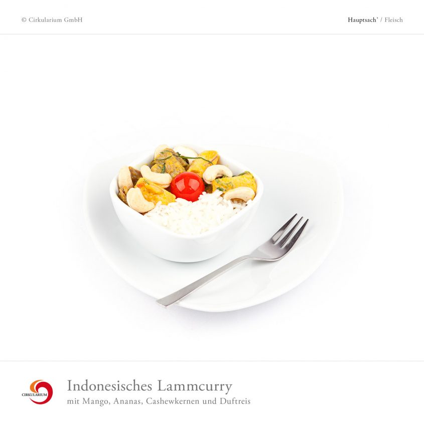 Indonesisches Lammcurry mit Mango, Ananas, Cashewkernen und Duftreis