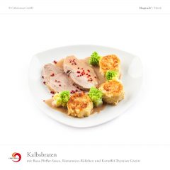 Kalbsbraten mit Rosa-Pfeffer-Sauce, Romanesco-Rößchen und Kartoffel-Thymian Gratin
